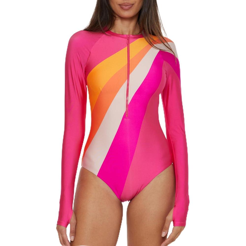 imageTrina Turk Womens Paddle One Piece Swimsuit Rash Guard UV Protection Zip Front Long Sleeve Bathing Suits for WomenSunburst Multicolor