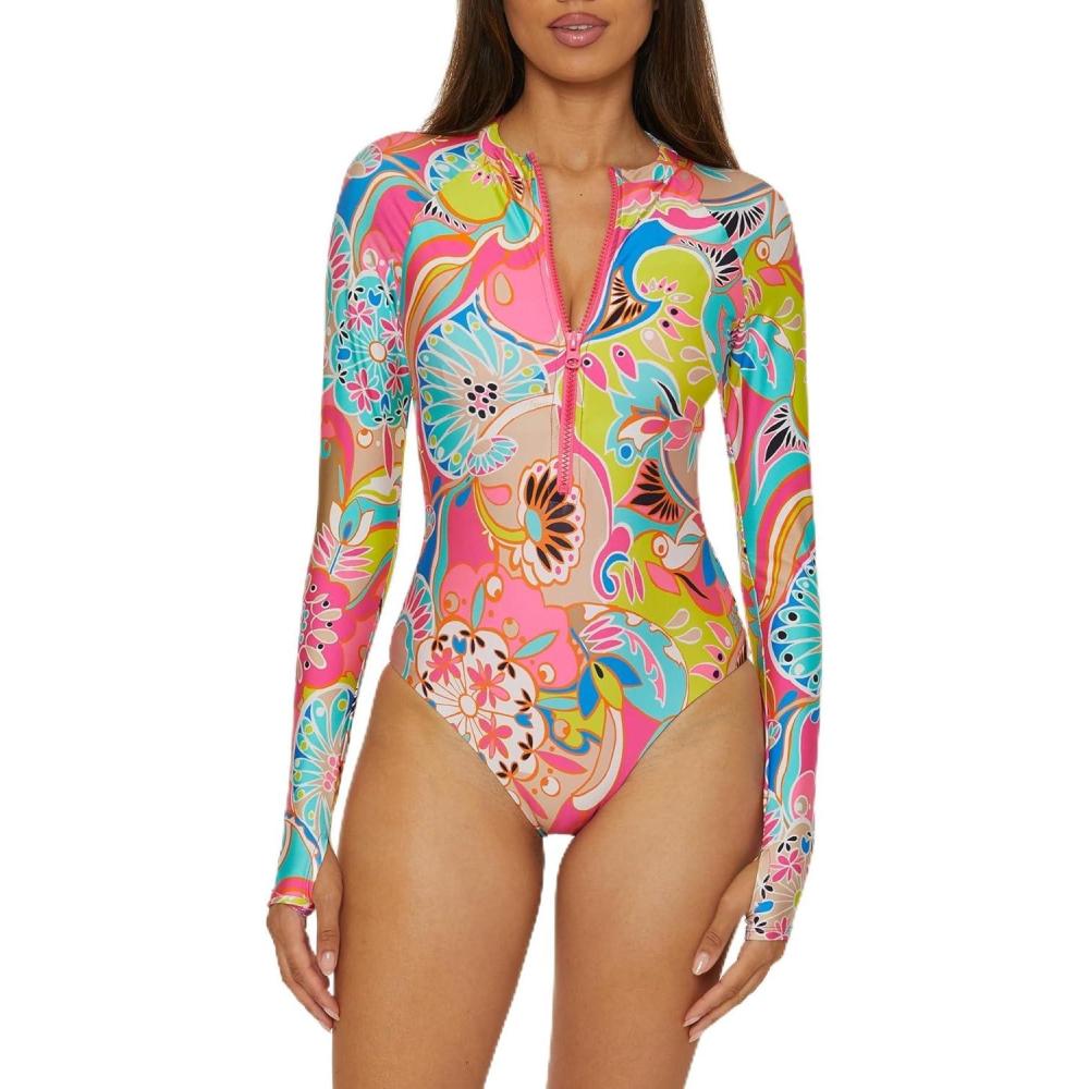 imageTrina Turk Womens Paddle One Piece Swimsuit Rash Guard UV Protection Zip Front Long Sleeve Bathing Suits for WomenVenus Multicolor