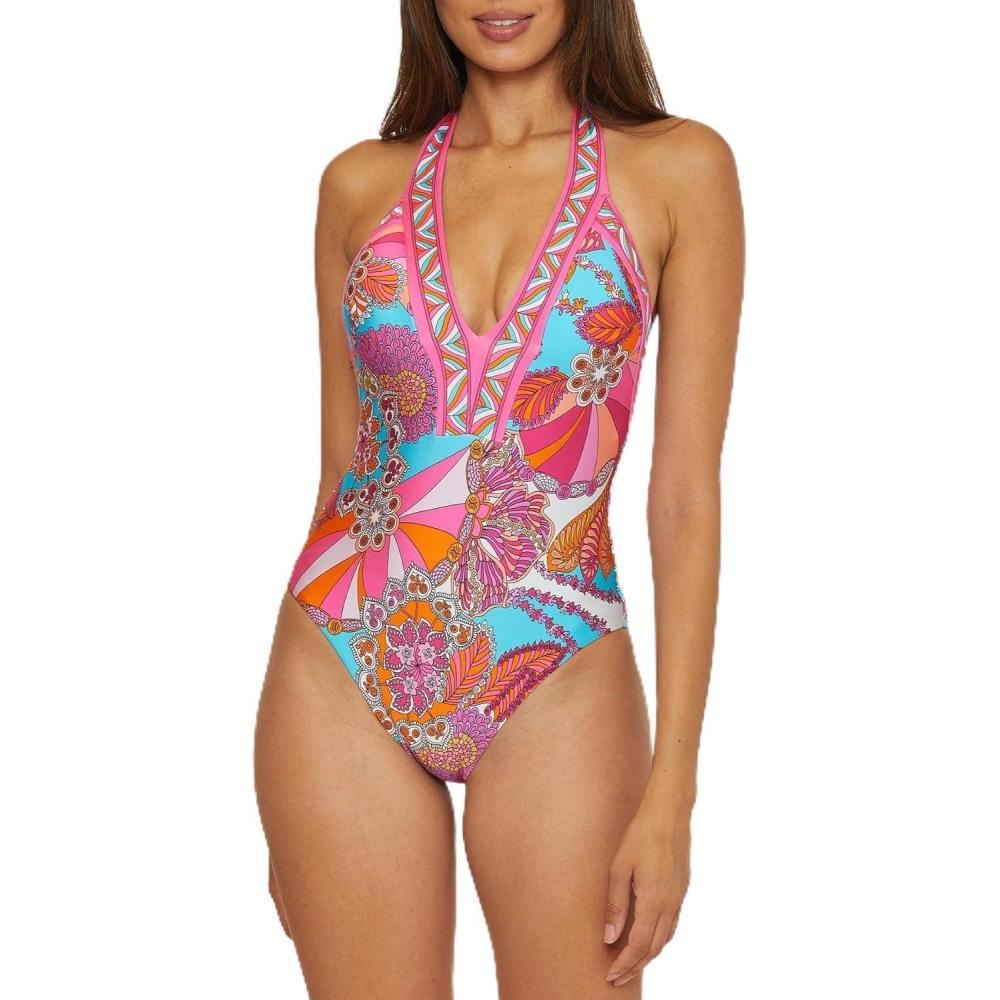 imageTrina Turk Womens Plunge One Piece Swimsuit Bathing Suits for WomenMeilani Multicolor