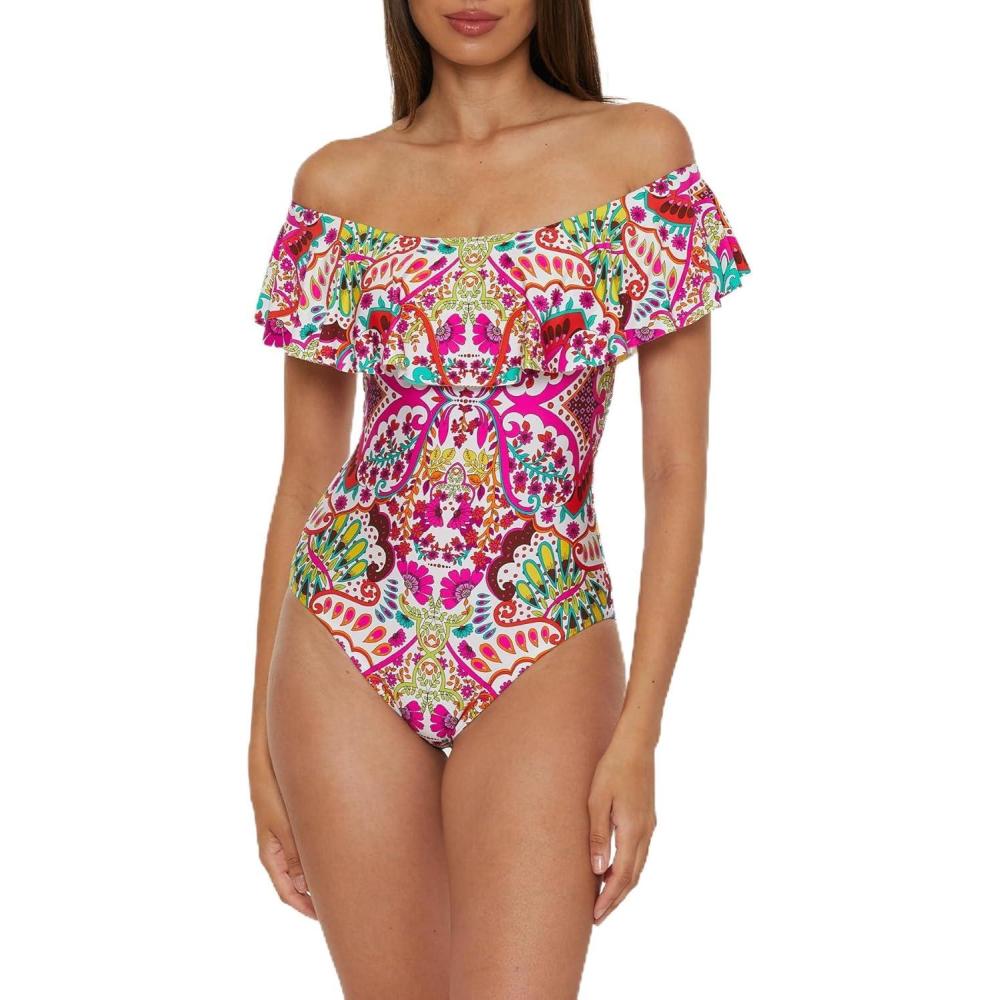 imageTrina Turk Womens Ruffle One Piece Swimsuit Off Shoulder Bathing Suits for WomenHawaiian Garden Multicolor