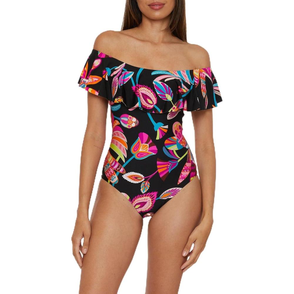 imageTrina Turk Womens Ruffle One Piece Swimsuit Off Shoulder Bathing Suits for WomenLuminary Multicolor