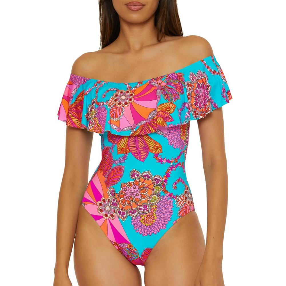 imageTrina Turk Womens Ruffle One Piece Swimsuit Off Shoulder Bathing Suits for WomenMeilani Multicolor