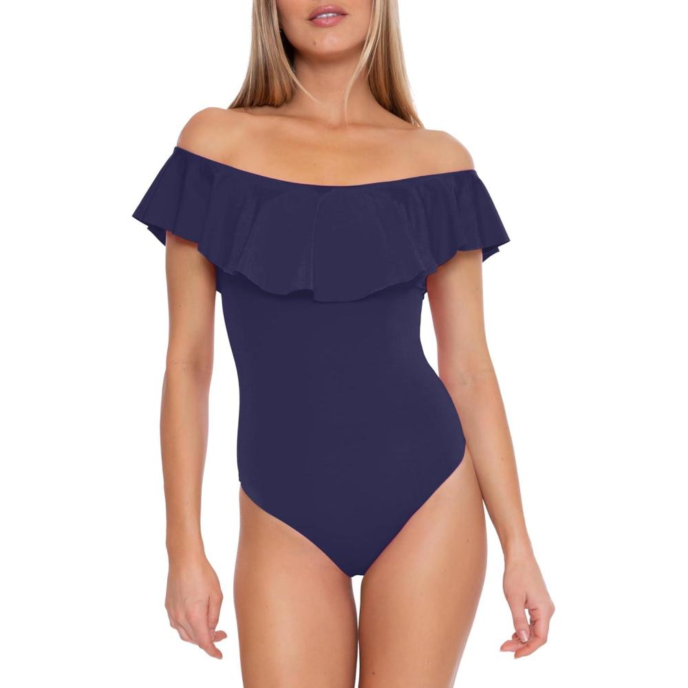 imageTrina Turk Womens Ruffle One Piece Swimsuit Off Shoulder Bathing Suits for WomenMonaco Navy