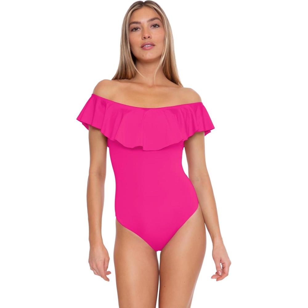 imageTrina Turk Womens Ruffle One Piece Swimsuit Off Shoulder Bathing Suits for WomenMonaco Pink Parade