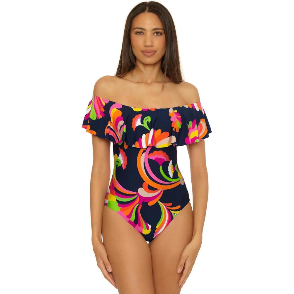 imageTrina Turk Womens Ruffle One Piece Swimsuit Off Shoulder Bathing Suits for WomenMonaco Pool Side Swirl
