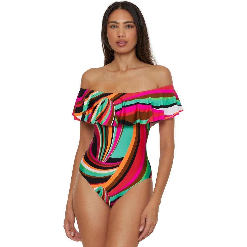 imageTrina Turk Womens Ruffle One Piece Swimsuit Off Shoulder Bathing Suits for WomenMonaco Swoop