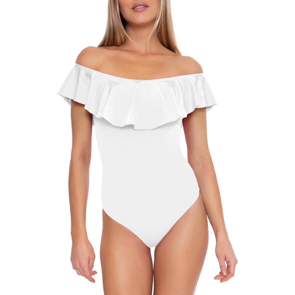imageTrina Turk Womens Ruffle One Piece Swimsuit Off Shoulder Bathing Suits for WomenMonaco White