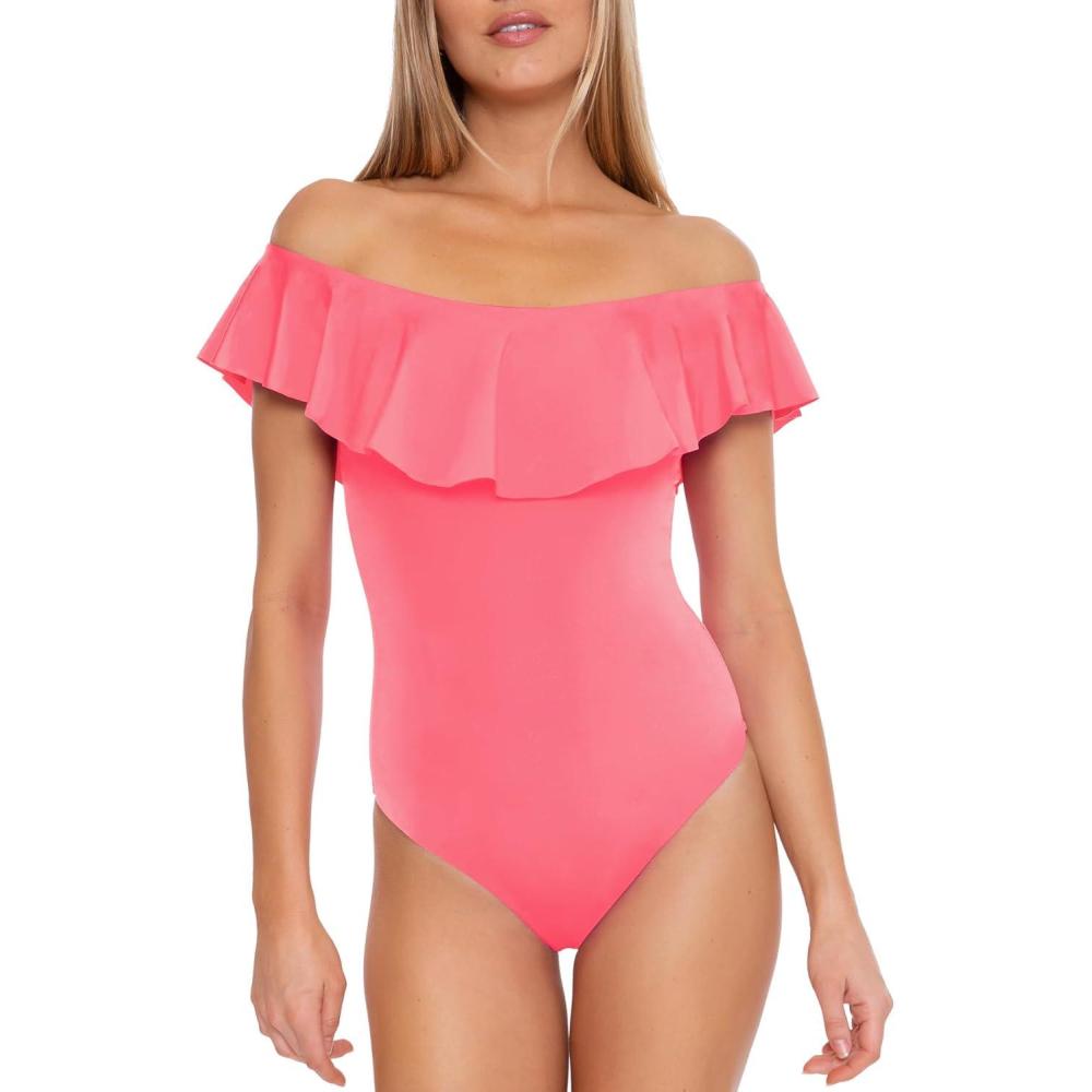 imageTrina Turk Womens Standard Monaco Ruffle Bandeau One Piece Swimsuit Off Shoulder Bathing SuitsCarnation