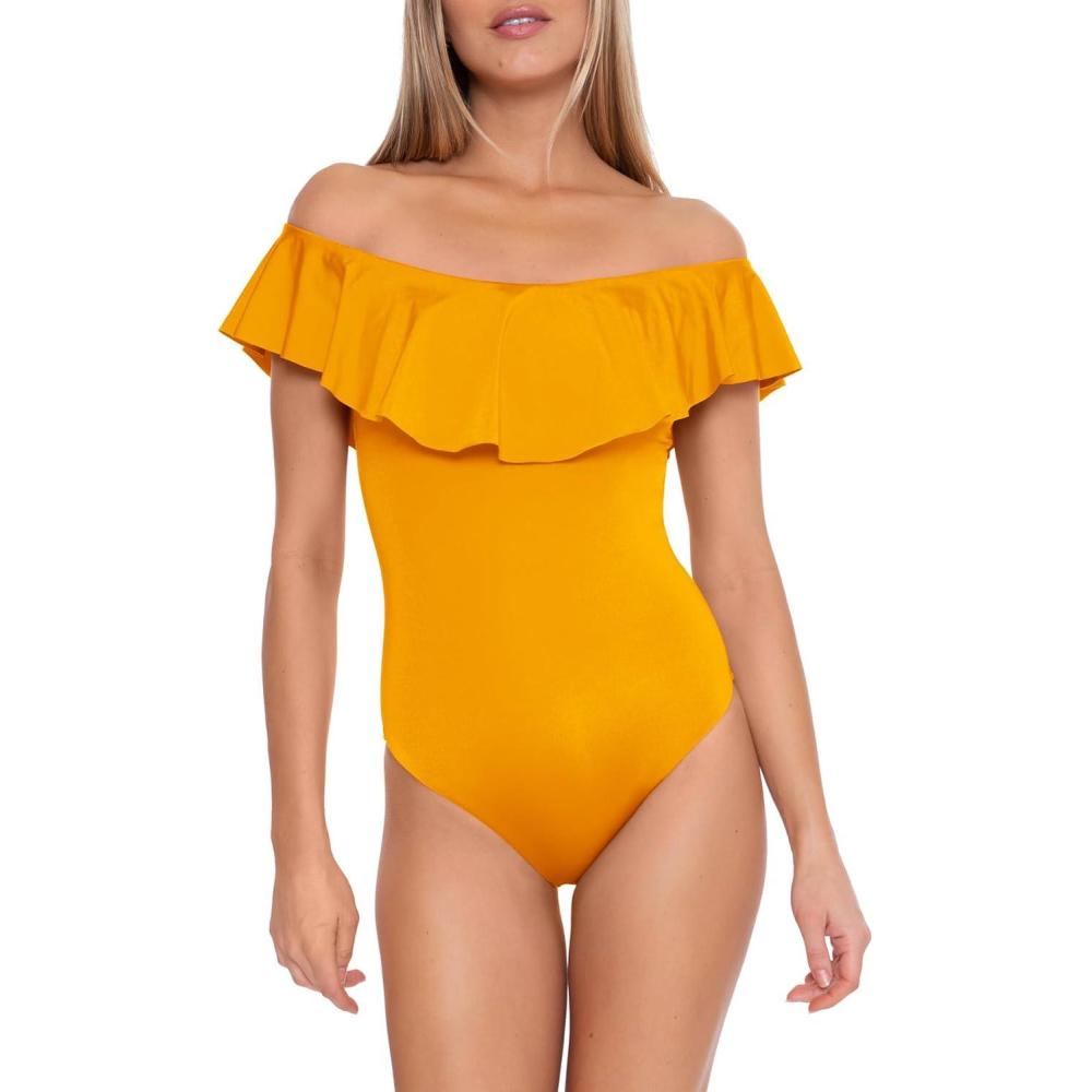 imageTrina Turk Womens Standard Monaco Ruffle Bandeau One Piece Swimsuit Off Shoulder Bathing SuitsMellow Yellow