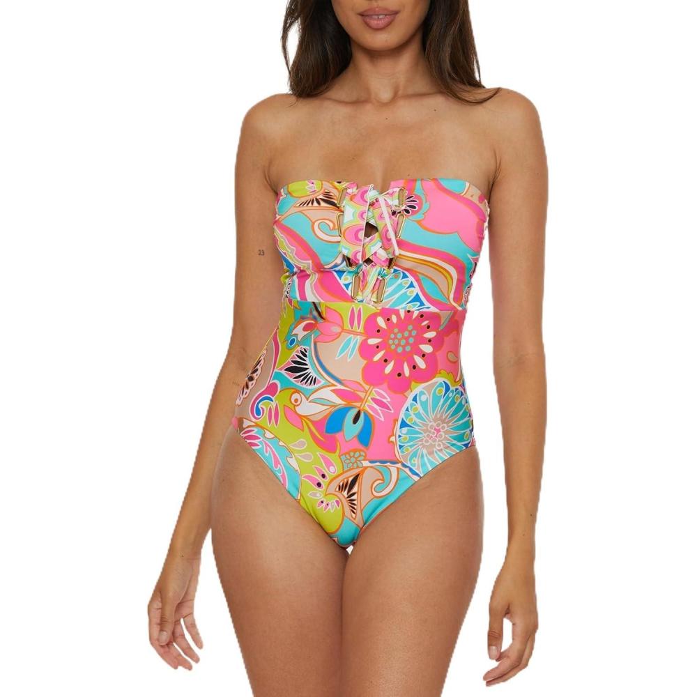 imageTrina Turk Womens Venus Bandeau Lace Up One Piece Swimsuit Adjustable Bathing Suits for WomenMulticolor