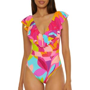 Trina Turk Ruffle Plunge One Piece Swimsuit(Lileth (Multicolor))