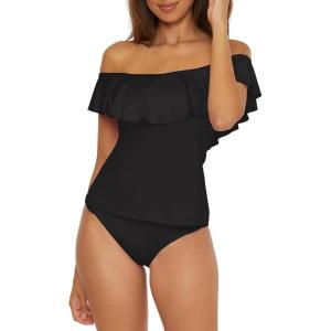 Trina Turk Ruffle Tankini, Off Shoulder, Swimsuit Tops for Women(Monaco (Black))