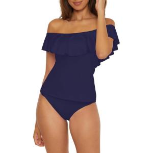 Trina Turk Ruffle Tankini, Off Shoulder, Swimsuit Tops for Women(Monaco (Navy))
