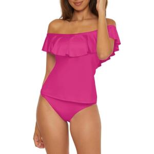 Trina Turk Ruffle Tankini, Off Shoulder, Swimsuit Tops for Women(Monaco (Pink))