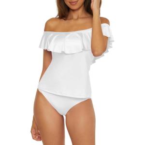 Trina Turk Ruffle Tankini, Off Shoulder, Swimsuit Tops for Women(Monaco (White A))