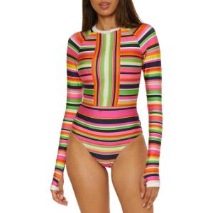 Trina Turk Women’s Anniversary Stripe Paddle One Piece Swimsuit, Rash Guard, Uv Protection, Zip Front, Long Sleeve, Bathing Suits