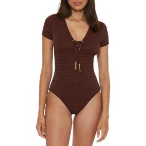 Trina Turk Women’s Glimmer Lace Up One Piece Swimsuit, Plunge V-Neck, Bathing Suits(Totem)