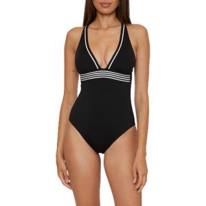 Trina Turk Women’s Monaco One Piece Swimsuit, Plunge Neck, Bathing Suits(Black White)