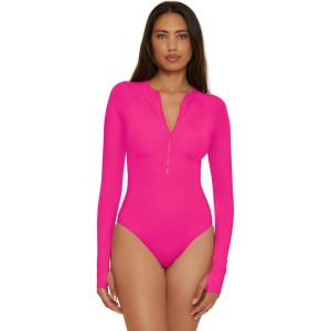 Trina Turk Women’s Paddle One Piece Swimsuit, Rash Guard, UV Protection, Zip Front, Long Sleeve, Bathing Suits for Women(Monaco (Pink Parade))