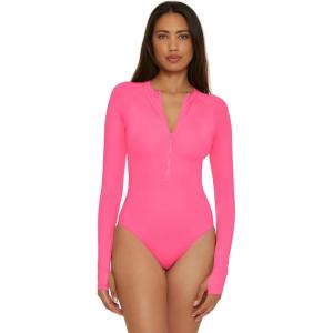 Trina Turk Women’s Paddle One Piece Swimsuit, Rash Guard, UV Protection, Zip Front, Long Sleeve, Bathing Suits for Women(Monaco (Point Pink))