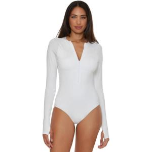 Trina Turk Women’s Paddle One Piece Swimsuit, Rash Guard, UV Protection, Zip Front, Long Sleeve, Bathing Suits for Women(Monaco (White))