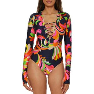 Trina Turk Women’s Poolside Paddle One Piece Swimsuit, Rash Guard, Uv Protection, Lace-up, Long Sleeve, Bathing Suits(Multicolor)