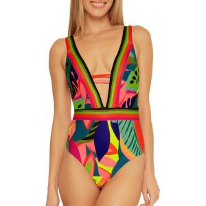 Trina Turk Womens Rainforest High Leg One Piece Swimsuit, Plunge V-Neck, Tropical Print, Bathing Suits for Women(Multicolor)