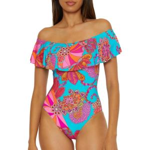 Trina Turk Womens Ruffle One Piece Swimsuit, Off Shoulder, Bathing Suits for Women(Meilani (Multicolor))