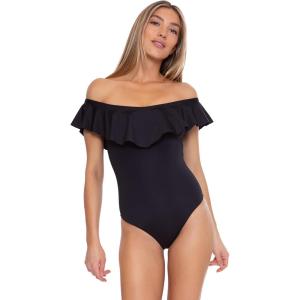 Trina Turk Womens Ruffle One Piece Swimsuit, Off Shoulder, Bathing Suits for Women(Monaco (Black))