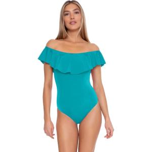 Trina Turk Womens Ruffle One Piece Swimsuit, Off Shoulder, Bathing Suits for Women(Monaco (Marine))