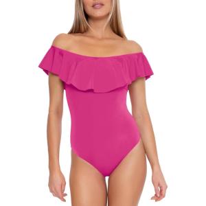 Trina Turk Womens Ruffle One Piece Swimsuit, Off Shoulder, Bathing Suits for Women(Monaco (Pink))