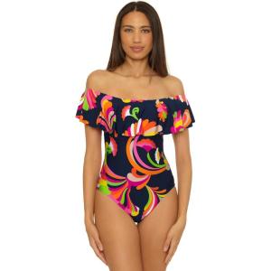 Trina Turk Womens Ruffle One Piece Swimsuit, Off Shoulder, Bathing Suits for Women(Monaco (Pool Side Swirl))