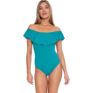 Trina Turk Womens Ruffle One Piece Swimsuit, Off Shoulder, Bathing Suits for Women(Monaco (Turkana Teal))
