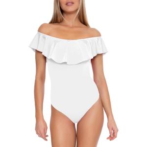 Trina Turk Womens Ruffle One Piece Swimsuit, Off Shoulder, Bathing Suits for Women(Monaco (White))