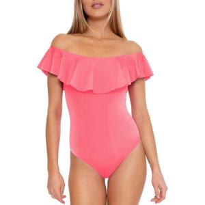 Trina Turk Women’s Standard Monaco Ruffle Bandeau One Piece Swimsuit, Off Shoulder, Bathing Suits(Carnation)