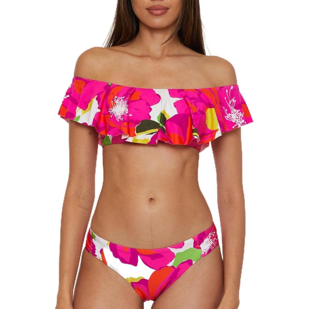 imageTrina Turk Womens Bloom Ruffle Bandeau Bikini Top Off Shoulder Floral Print Swimwear SeparatesMulticolor