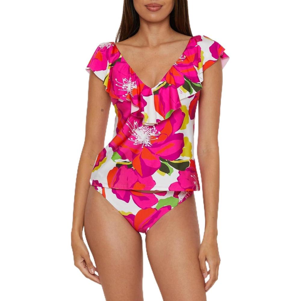 imageTrina Turk Womens Ruffle Plunge Tankini VNeck Casual Swimsuit Tops for WomenBloom Multicolor