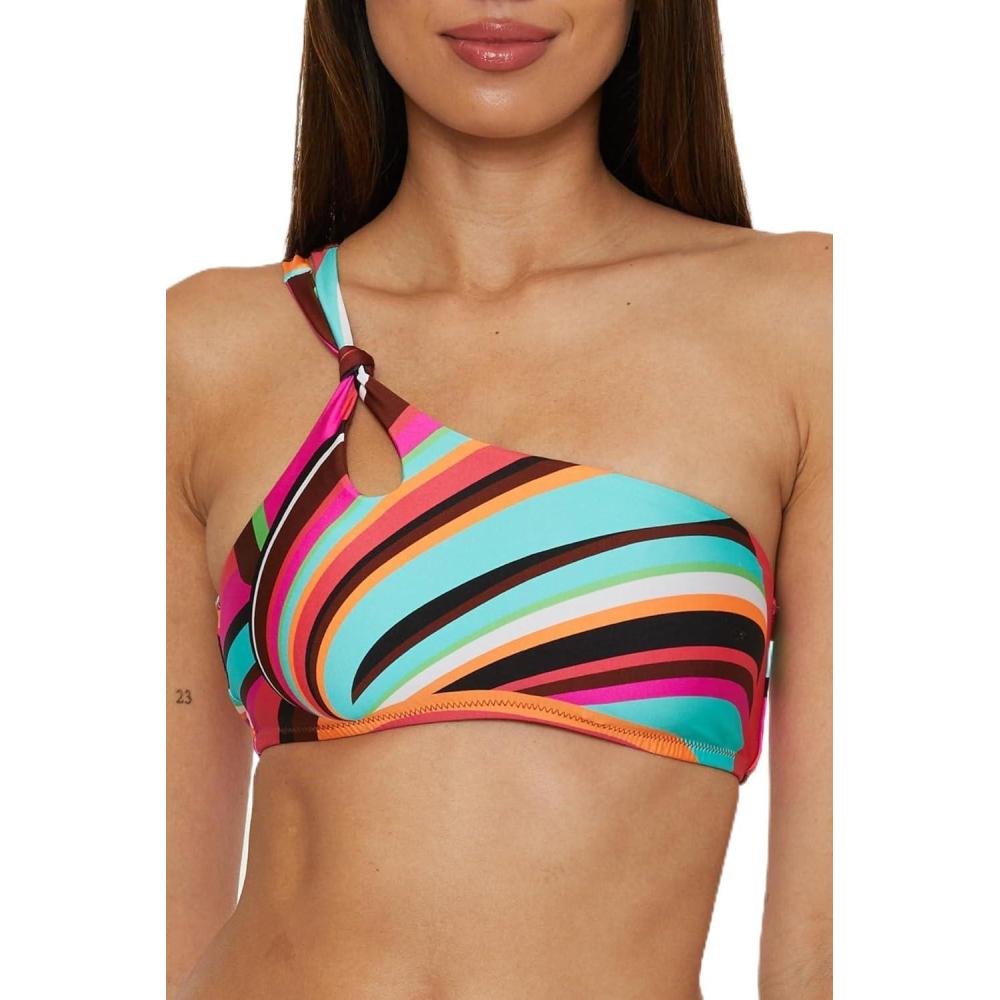 imageTrina Turk Womens Swoop Knotted One Shoulder Bikini Top Adjustable Tie Back Swimwear SeparatesMulticolor