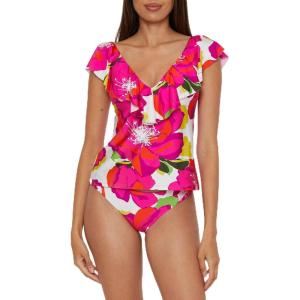 Trina Turk Womens Ruffle Plunge Tankini, V-Neck, Casual, Swimsuit Tops for Women(Bloom (Multicolor))