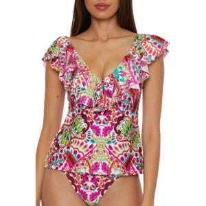 Trina Turk Womens Ruffle Plunge Tankini, V-Neck, Casual, Swimsuit Tops for Women(Hawaiian Garden (Multicolor))