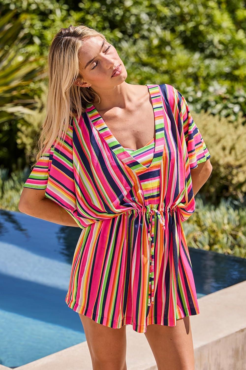imageTrina Turk womens Anniversary Stripe Tunic Plunge Vneck Casual Beach Cover Ups for Women