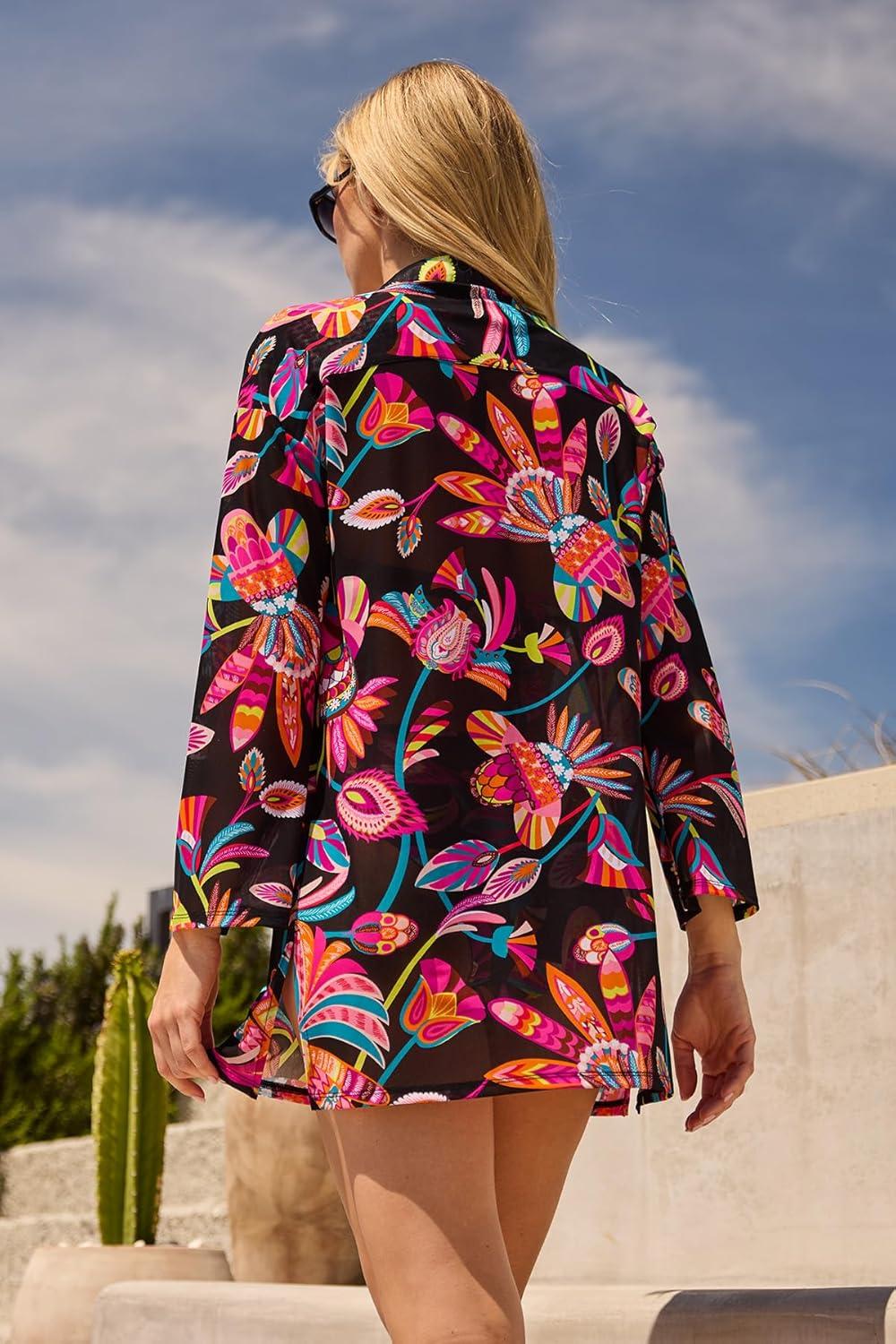 imageTrina Turk Womens Luminary Beach Shirt Casual Floral Print Swimsuit Tops for WomenMulticolor