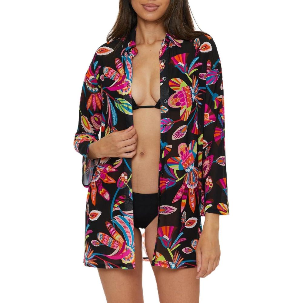 imageTrina Turk Womens Luminary Beach Shirt Casual Floral Print Swimsuit Tops for WomenMulticolor