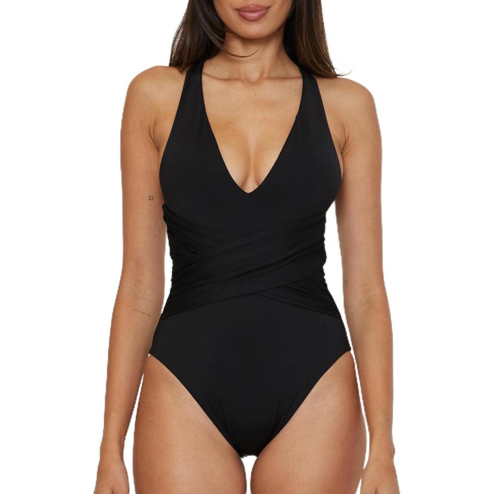 imageTrina Turk Womens Monaco Wrap One Piece Swimsuit Plunge VNeck Bathing SuitsBlack
