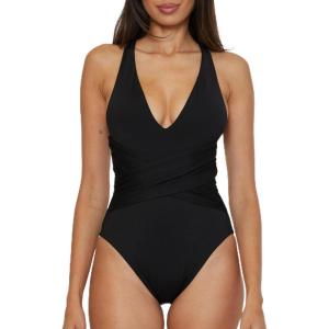 Trina Turk Women’s Monaco Wrap One Piece Swimsuit, Plunge V-Neck, Bathing Suits(Black)