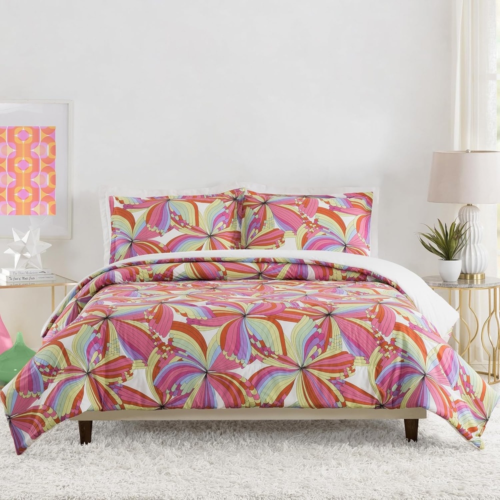 imageTRINA TURK Big Floral 3Piece Comforter and Pillow Sham Set MidCentury Modern Retro Vintage Bedding Set  Full Queen Size Yellow CitronPinwheel Pink